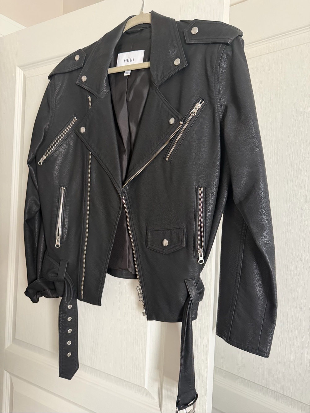 pistola Black Faux Leather Moto Jacket with Zip Details - oversized